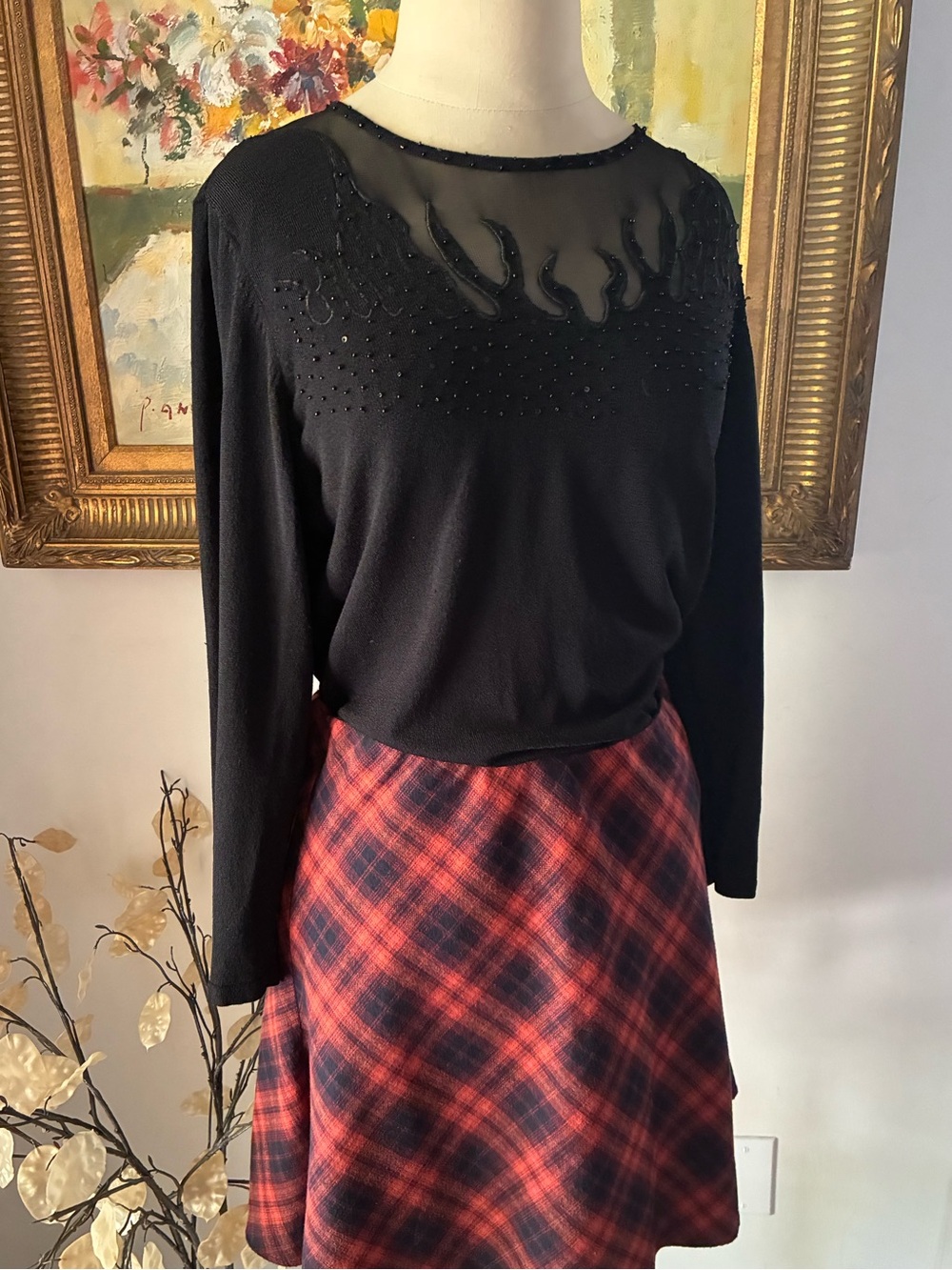Vintage Y2K Black Long Sleeve Top Sheer Beaded Flame Cutout Mesh Neckline M